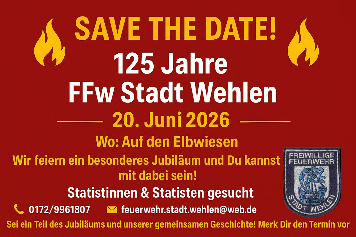 Plakat für "125 Jahre Feuerwehr Stadt Wehlen" – Veranstaltungshinweis mit weißem und gelbem Text auf rotem Hintergrund und Feuerwehr‑Emblem.